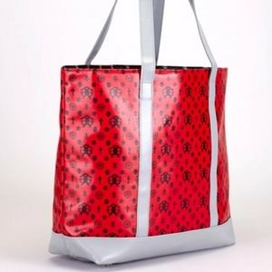 RED/GRAY PU LAMINATED WEEKEND SHOPPING TOTE BAG